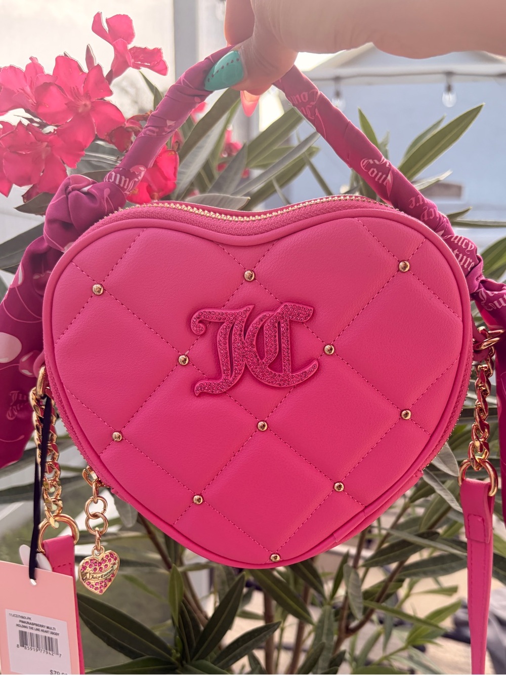 Juicy Couture Fuchsia Heart Quilted Rhinestone Mini Bag with Scarf-NWT - Picture 13 of 13